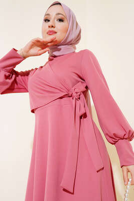 Yan Bağlamalı Elbise Pudra - Tesettür Elbise