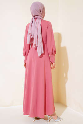 Yan Bağlamalı Elbise Pudra - Tesettür Elbise