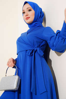 Yan Bağlamalı Elbise Saks - Tesettür Elbise