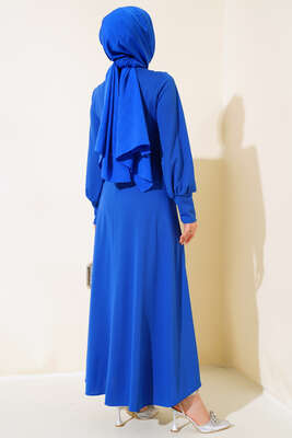 Yan Bağlamalı Elbise Saks - Tesettür Elbise