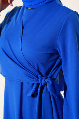 Yan Bağlamalı Elbise Saks - Tesettür Elbise