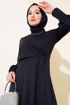 Yan Bağlamalı Elbise Siyah - Tesettür Elbise