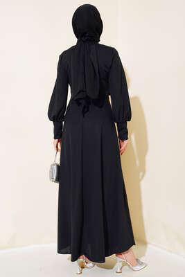 Yan Bağlamalı Elbise Siyah - Tesettür Elbise