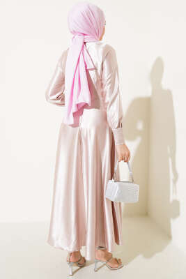 Yan Bağlamalı Jakar Elbise Bej - Tesettür Elbise