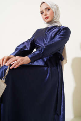 Yan Bağlamalı Jakar Elbise Lacivert - Tesettür Elbise