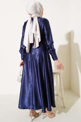 Yan Bağlamalı Jakar Elbise Lacivert - Tesettür Elbise