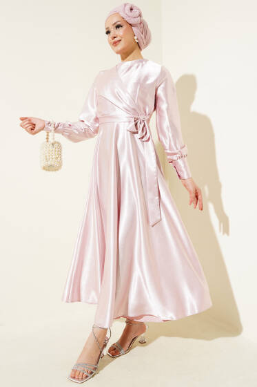 Yan Bağlamalı Jakar Elbise Pudra - Elbise