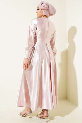 Yan Bağlamalı Jakar Elbise Pudra - Tesettür Elbise