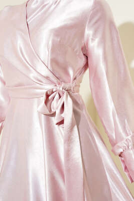 Yan Bağlamalı Jakar Elbise Pudra - Tesettür Elbise