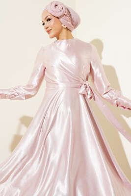 Yan Bağlamalı Jakar Elbise Pudra - Tesettür Elbise