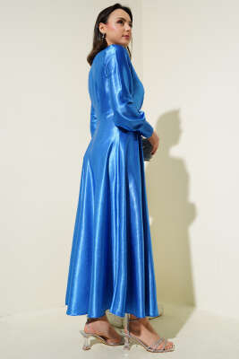 Yan Bağlamalı Jakar Elbise Saks - Tesettür Elbise