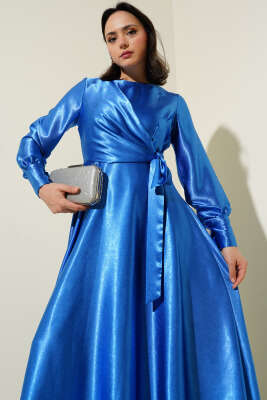 Yan Bağlamalı Jakar Elbise Saks - Tesettür Elbise