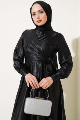 Yan Bağlamalı Jakar Elbise Siyah - Tesettür Elbise