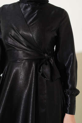 Yan Bağlamalı Jakar Elbise Siyah - Tesettür Elbise