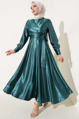 Yan Bağlamalı Jakar Elbise Zümrüt - Tesettür Elbise