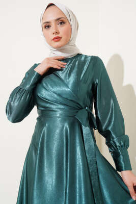 Yan Bağlamalı Jakar Elbise Zümrüt - Tesettür Elbise