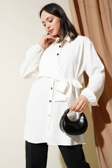 Yan Bağlamalı Kabartma Çizgili Gömlek Beyaz - Gömlek