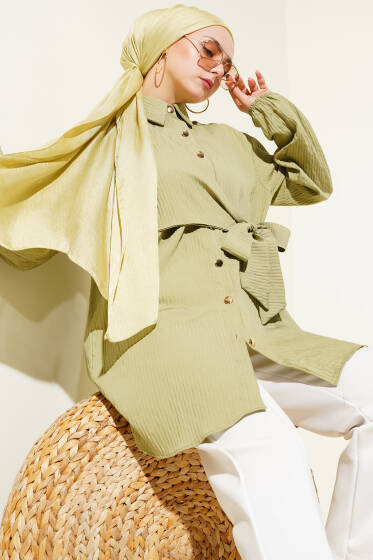 Yan Bağlamalı Kabartma Çizgili Gömlek Çağla Yeşili - Gömlek