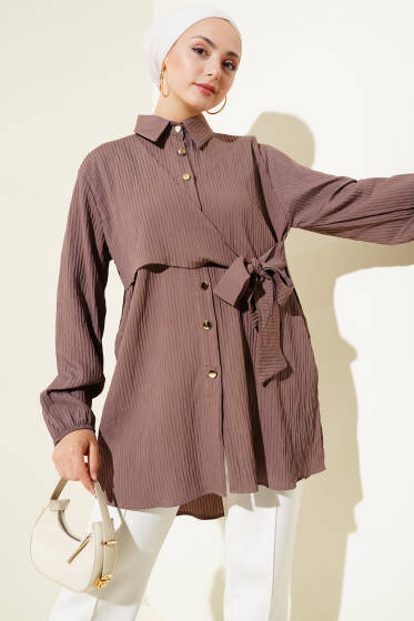 Yan Bağlamalı Kabartma Çizgili Gömlek Kahve - Gömlek