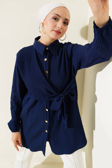 Yan Bağlamalı Kabartma Çizgili Gömlek Lacivert - Gömlek
