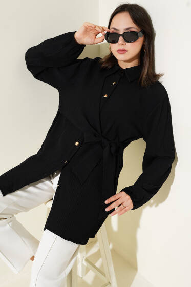 Yan Bağlamalı Kabartma Çizgili Gömlek Siyah - Gömlek