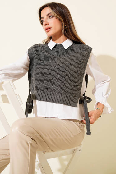 Yan Bağlamalı Kabartmalı Triko Süveter Füme - Kadın Giyim Modelleri