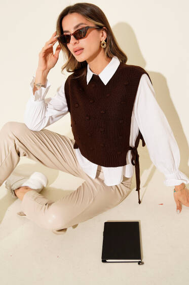 Yan Bağlamalı Kabartmalı Triko Süveter Kahve - Kadın Giyim Modelleri