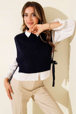 Yan Bağlamalı Kabartmalı Triko Süveter Lacivert 