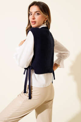 Yan Bağlamalı Kabartmalı Triko Süveter Lacivert - Yılın Fırsatı