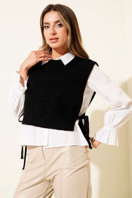 Yan Bağlamalı Kabartmalı Triko Süveter Siyah 