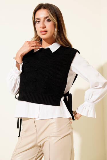 Yan Bağlamalı Kabartmalı Triko Süveter Siyah - Yılın Fırsatı