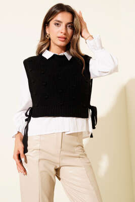 Yan Bağlamalı Kabartmalı Triko Süveter Siyah - Yılın Fırsatı