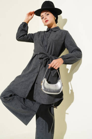 Yan Bağlamalı Kadife Fitilli İkili Takım Füme - İkili Takım