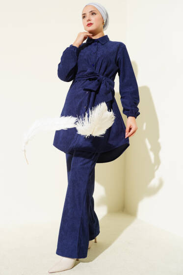 Yan Bağlamalı Kadife Fitilli İkili Takım Lacivert - İkili Takım