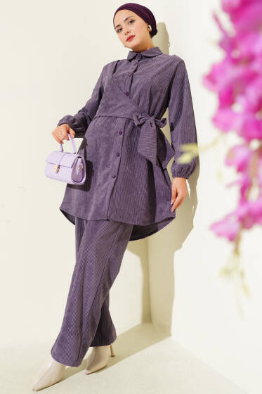 Yan Bağlamalı Kadife Fitilli İkili Takım Lila - İkili Takım