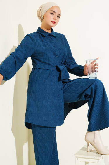 Yan Bağlamalı Kadife Fitilli İkili Takım Petrol Yeşili - İkili Takım