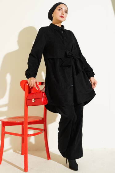 Yan Bağlamalı Kadife Fitilli İkili Takım Siyah - İkili Takım