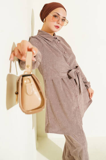 Yan Bağlamalı Kadife Fitilli İkili Takım Vizon - İkili Takım