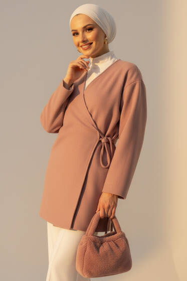 Yan Bağlamalı Kaşe Ceket Pudra - Ceket