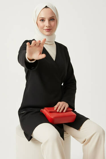 Yan Bağlamalı Kaşe Ceket Siyah - Ceket