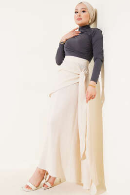 Yan Bağlamalı Keten Etek Bej - Uzun Etek