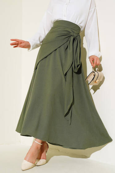 Yan Bağlamalı Keten Etek Haki - Etek