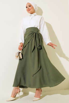 Yan Bağlamalı Keten Etek Haki - Uzun Etek