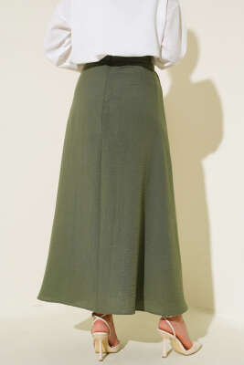 Yan Bağlamalı Keten Etek Haki - Uzun Etek