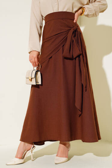 Yan Bağlamalı Keten Etek Kahve - Etek