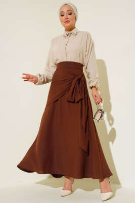 Yan Bağlamalı Keten Etek Kahve - Uzun Etek