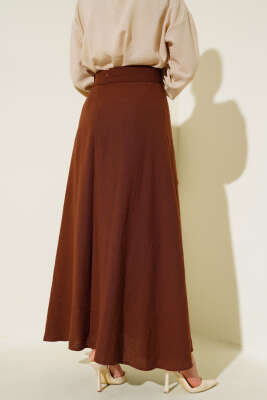 Yan Bağlamalı Keten Etek Kahve - Uzun Etek