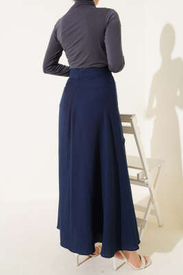 Yan Bağlamalı Keten Etek Lacivert - Uzun Etek