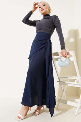 Yan Bağlamalı Keten Etek Lacivert - Uzun Etek