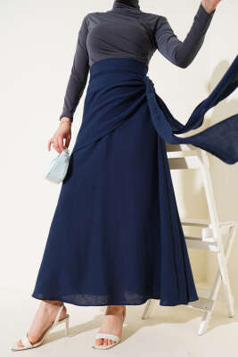 Yan Bağlamalı Keten Etek Lacivert 